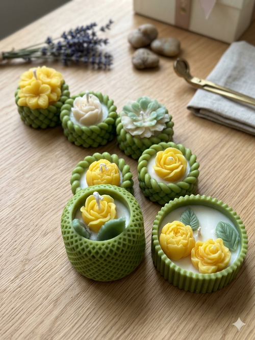 Artisanal "Botanical Basket" Soy Candle – Hand-Sculpted Floral Edition
